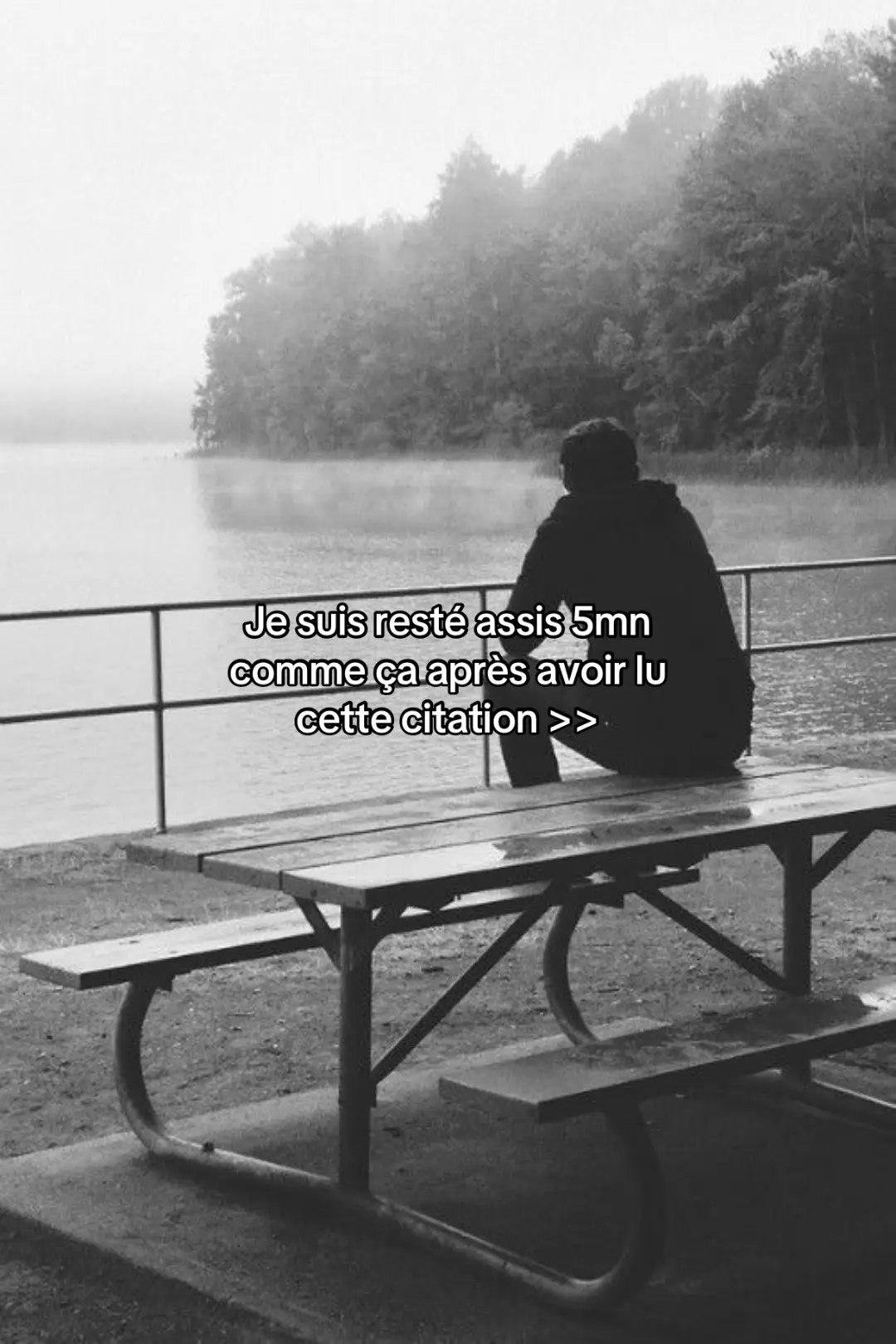 A black and white photo of a person sitting on a bench with their back to the camera, overlooking a misty lake. In the foreground, there's a picnic table. Text is overlaid on the image.