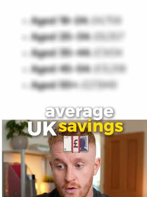 A man wearing a grey shirt is the main focus in the bottom half of the frame, with a stack of paper bills and a coin on his head. Behind the man's head is a blurred image of averages in the background. Written in the center of the frame is the phrase, 'average UK savings'. Also in the frame is a green plant that sits on a shelf behind his head.