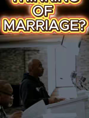 An image of a man speaking, likely a pastor, at a podium. The background is dark, featuring a brick wall. Text overlays at the top read, 'Thinking of Marriage?' in a glowing, outlined font.