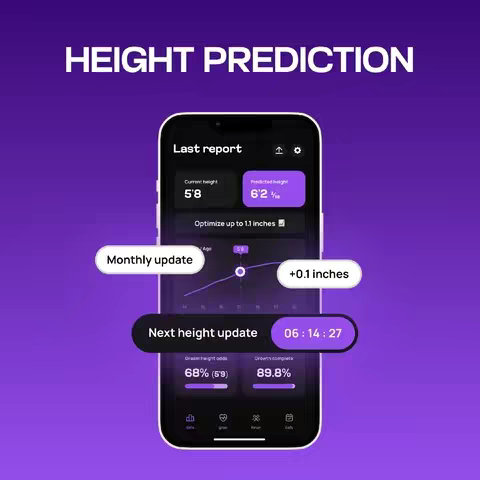 The cover image shows a smartphone displaying an app interface with the text 'HEIGHT PREDICTION' at the top. The app interface provides information about a person's current height, a predicted height, and other metrics. It is set against a gradient purple background.