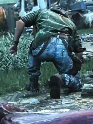 The cover image shows a person, seen from the rear, kneeling on a surface covered in debris. The individual is wearing a green jacket, blue jeans with suspenders, and boots. They are positioned as if they are about to crawl or are reacting to something. The background suggests an outdoor environment with some greenery and what appears to be buildings or structures are in the distance, with a desaturated color palette.