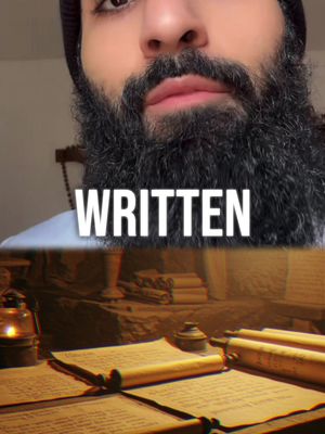The cover image is split into two sections. The top half features a close-up of a man's face with a dark beard and a black beanie. Overlayed on him is the title 'WRITTEN' in bold white letters. The bottom half shows an old room made of stone, with old books and scrolls on a wooden table, and a lamp.