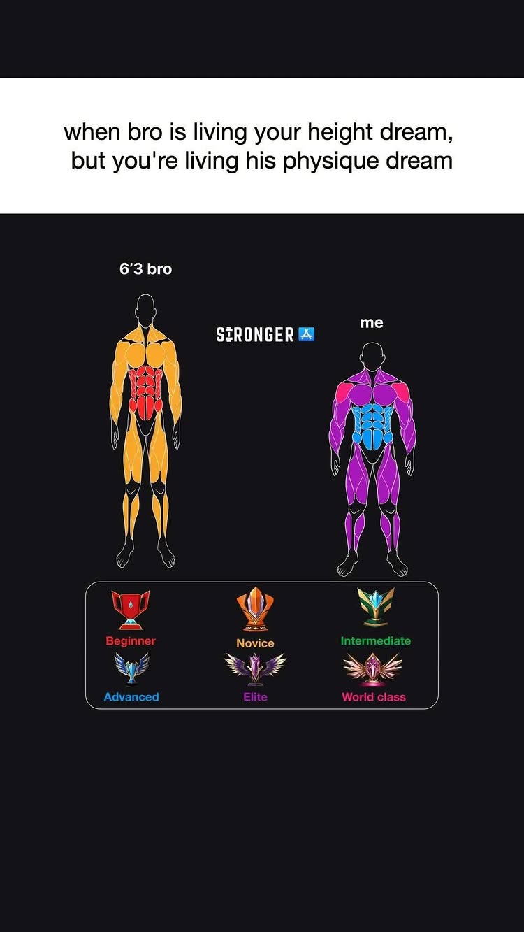 The cover image is a dark background with an infographic. Two figures, one in orange and the other in purple, represent body types. The text above the figures says, 'when bro is living your height dream, but you're living his physique dream'. The Stronger app logo is visible with a logo. Below are badges that rank progress like 'Beginner', 'Novice','Intermediate','Elite' and 'World class' with corresponding logos.
