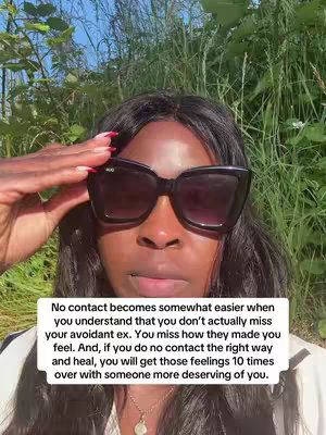 A woman with dark skin wears large, dark sunglasses and is outside with greenery behind her. She is holding her hand up to her forehead. A text overlay appears on her lower face, in a rounded white text block.