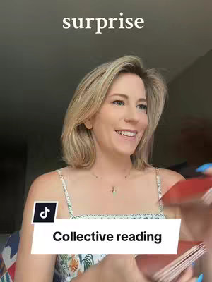 The cover image features a woman with blonde hair, smiling and holding a deck of cards in her hands. There is text overlaying the image at the top that reads 'surprise' and a text bar at the bottom that reads 'Collective reading'. The background has a blurred effect.