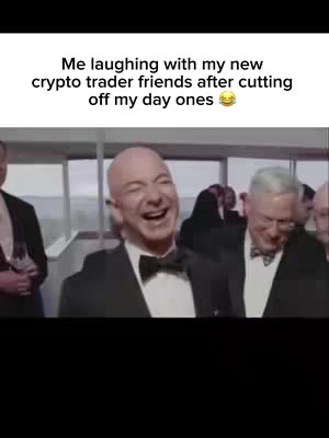 The cover image shows a group of men in formal attire, the central figure is laughing heartily, with a clear indication that they have cut off ties with others. It includes a text overlay emphasizing his new crypto trader friends.