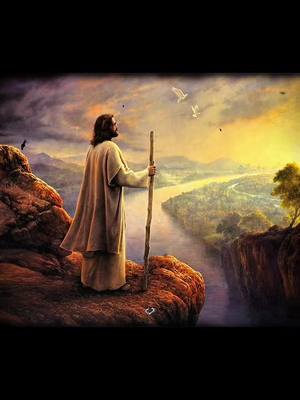 A digital painting depicts a man in flowing robes, standing on a rocky outcrop overlooking a valley. The man holds a staff and gazes towards a river winding through the landscape bathed in the warm glow of the sunset. Two white birds fly in the sky above. The imagery evokes a sense of spirituality and contemplation.