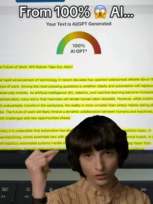 The image is a vertical screenshot showing a young man in front of a computer screen displaying an AI-generated essay. At the top, text reads 'From 100% AI...', and a visual indicator shows 100% AI GPT. The essay text is highlighted in yellow. The young man is positioned in front, pointing toward the screen with one finger while making a questioning face. He wears a yellow striped shirt.