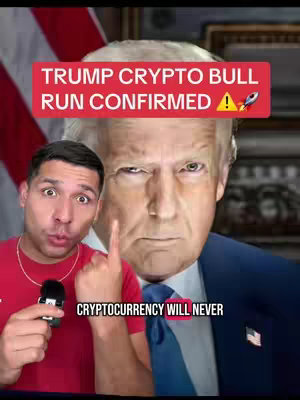 The cover image shows a man with an animated facial expression in the foreground, with a large image of a former U.S. President in the background. The text overlay indicates content related to Cryptocurrency, specifically Trump and a Bull Run. The man in the foreground is wearing a red shirt and he is pointing at the background image. The background appears to be a photo of the former president. There is also an American flag behind the former president.
