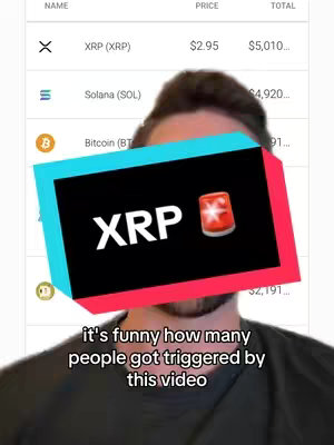 The cover image features a split view with the creator's face partially visible, overlaying a screenshot of a financial app. A red and blue graphic, with the text 'XRP' and an alarm icon, overlaying the creator's face near the bottom, with a table showing cryptocurrency data in grayscale. Beneath this, text reads 'it's funny how many people got triggered by this video'.