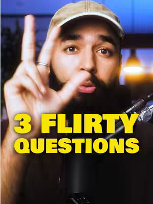The cover image features a man in a cap, looking towards the camera and holding his hand up with index and middle fingers extended. The title "3 Flirty Questions" is in large yellow text at the bottom.
