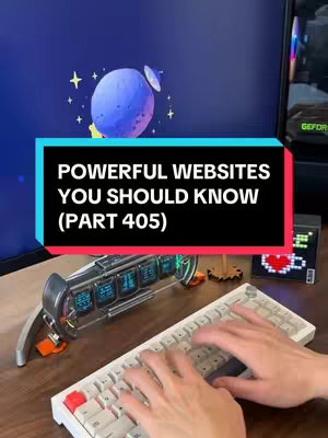 The cover image displays a desktop setup with a mechanical keyboard being used by a person whose hands are visible. Above the keyboard is a screen that displays a vibrant space scene. The scene includes a large bluish planet with a ring system and several stars. A black rectangular bar containing white text overlays the central portion of the image, reading POWERFUL WEBSITES YOU SHOULD KNOW (PART 405). The desktop also features a decorative device with several small screens displaying various data.