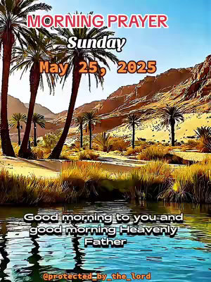 A serene landscape depicting a body of water reflecting a vibrant sky and surrounding mountains. Palm trees and golden grass frame the scene, with overlaid text at the top and bottom.