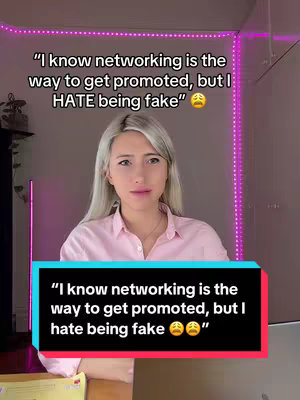 A woman with long, light-colored hair, wearing a light pink button-down shirt and looking towards the camera with a thoughtful expression. Overlaid on her is a rectangular black box with white text that reads: "'I know networking is the way to get promoted, but I hate being fake'" and three emojis. She is positioned against a soft-focus background.