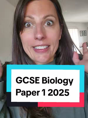 A woman with brown hair and wide eyes smiles excitedly at the camera. A text overlay at the bottom reads "GCSE Biology Paper 1 2025" in a blue and white box.