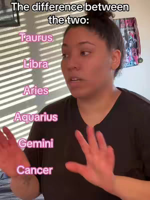 A woman is in the foreground against a background of vertical venetian blinds, she is looking to the side. Text overlays list sign names: Taurus, Libra, Aries, Aquarius, Gemini, and Cancer.