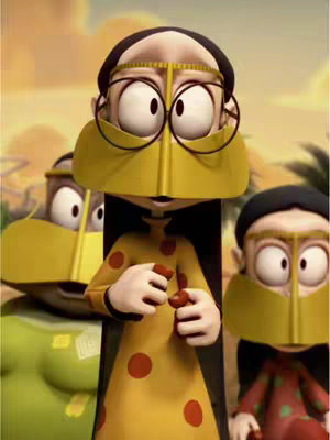 The image is a cartoon featuring three characters from the "Freej" animation series. The central character is a woman wearing a yellow outfit with red polka dots, a black head covering, and a face veil, all set against an indistinct background. To the left and right of the central character, partially visible, are two other characters in similar attire, their faces also obscured by veils, creating a sense of depth and focus on the central figure.