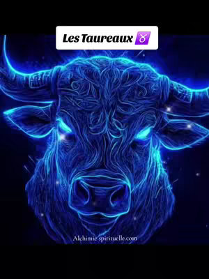 A stylized image featuring a blue bull, representing the Taurus zodiac sign, set against a dark gradient background. The bull is depicted with intricate glowing blue lines, giving it a digital art aesthetic. The image has a vertical orientation and is centered on the bull's face, with details such as the horns, eyes, and muzzle clearly visible. The text overlay indicates "Les Taureaux" (The Tauruses), along with a zodiac symbol, while a website address is noted at the bottom.
