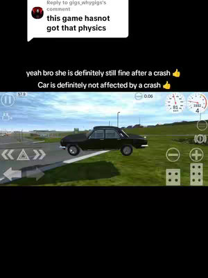 A screenshot from a mobile game showing a black sedan driving on a road with a green field in the background. On the top left, there is a comment with text on a white background, along with added text that states the game's physics aren't good.