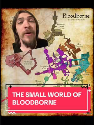 A man speaking in front of a map with Bloodborne game elements, overlaid with text. The image is composed with both a map and the creator making it a selfie-with-background layout.