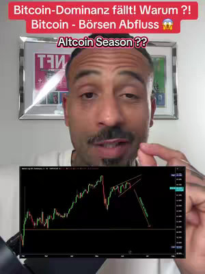 A man with a goatee and tattoos is centered in front of a blurred background. Over his head is a red banner with text about Bitcoin and Altcoin. Below him, a small screen displays a stock chart, with an upward green trend line and annotations. The lighting is bright, and the composition is a medium shot.
