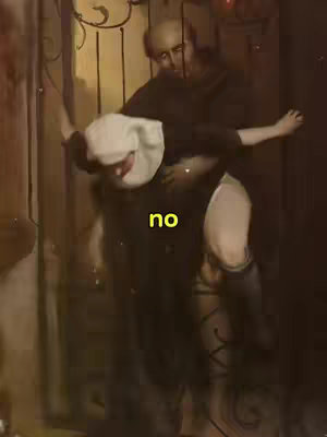 An aged painting depicting a man in a dark robe lifting a nun in a white habit. The nun appears to be resisting the man's advances. The word "no" is overlaid in yellow.