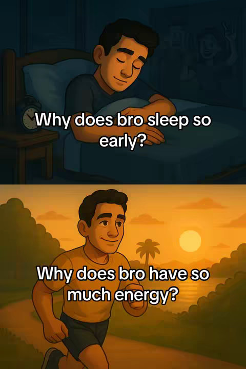 A split image shows a cartoon illustration. The top half shows a person in bed with the text "Why does bro sleep so early?". The bottom half shows the same cartoon figure running at sunrise with the text "Why does bro have so much energy?"