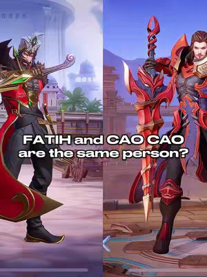 A split image, with a character on each side. The left side shows a character in dark attire with a red and gold color palette, holding a weapon that has a curved end. The right side showcases a character in red and black armor and carrying a large sword. Text overlayed in white on a black rectangle reads, 'FATIH and CAO CAO are the same person?' in the middle of both figures.
