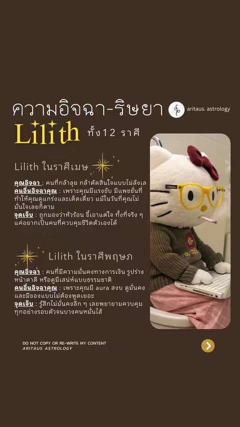 The image features a brown background with text and a cartoon-style image of Hello Kitty with glasses. The text discusses astrology, specifically Lilith in the context of envy (ความอิจฉา-ริษยา), and includes a breakdown of how Lilith manifests in different zodiac signs.