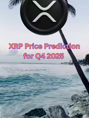 The cover image features a serene beach scene with a clear sky and calm blue ocean. A prominent XRP cryptocurrency logo is centered at the top, a large, stylized 'X' symbol within a dark circular background. Below the logo, overlaid text in a vibrant, gradient color scheme reads: 'XRP Price Prediction for Q4 2025'. The overall composition blends a financial theme with a tropical setting, suggesting optimism and a projected future value.