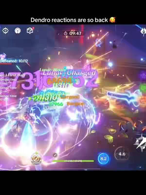 The cover image shows a dynamic scene from the game Genshin Impact, with bright, colorful visual effects and text overlays indicating in-game actions and stats. The background is filled with blurred, glowing particles of various colors.
