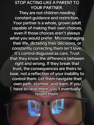 A medium shot shows a man with glasses, the bottom half of his face obscured. Overlaid on this image is a text overlay with a long message about relationships and setting boundaries.