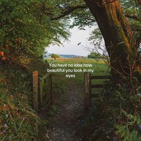A picturesque scene of a path leading through a wooden gate into a serene meadow, framed by lush green trees and foliage. Text overlayed stating a romantic phrase, suggesting loving relationships.
