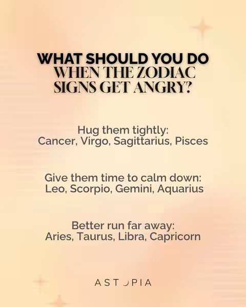 A visually appealing graphic with a gradient background in shades of orange and tan. The central focus is a list presented in bold, black text against a white background. The text is segmented into three sections, each detailing how to handle different zodiac signs when they are angry, along with an "Astopia" logo at the bottom.