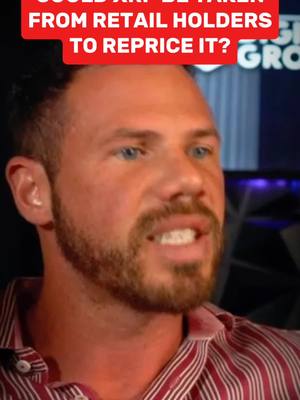 A close-up shot features a man with a serious expression. He has light skin, blue eyes, and a neatly trimmed brown beard and mustache. Above his head, a red banner with white text asks a question about XRP. The man is wearing a striped shirt.