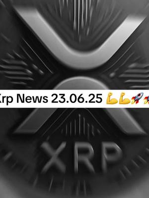 A grayscale image with a blurred XRP logo as the backdrop. A white banner with text "Xrp News 23.06.25" overlaid at the top, accompanied by flexing arm and rocket emojis. The word "XRP" is also prominently displayed in the foreground. The background has motion blur emphasizing the logo design.