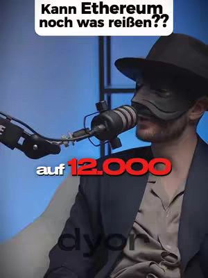 The cover image features a man wearing a black mask and hat with a microphone in front of his face. Above him, overlaid text asks, "Kann Ethereum noch was reißen??" and below the text "auf 12.000" is shown, both in a white font with a red outline.