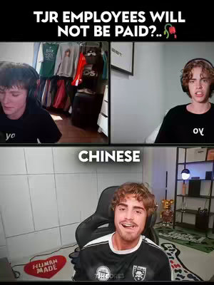 The image is a split-screen showing three frames. The top left frame features a young man in a black shirt, wearing a headset, and looking down. Behind him are clothes hanging on a rack. The top right frame has another young man, also wearing a headset and a black shirt, looking directly at the camera with an expression of surprise. The bottom frame showcases a man in a black and white shirt, smiling and looking at the camera. A text overlay reads 'CHINESE' in white letters. The overall composition feels like a video call or screen capture.
