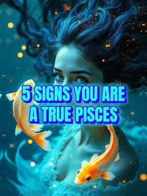A composite image featuring a woman's face submerged in water, with long, flowing dark hair and two goldfish. Overlaid text states "5 SIGNS YOU ARE A TRUE PISCES."