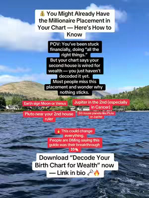 The cover image shows a body of water with a mountain in the background. Multiple text boxes detailing astrological concepts are placed throughout the view. The central and largest text is in a white box, mentioning a specific wealth-related birth chart placement. Several smaller text annotations, in red and other colors, are pointing out planetary positions and aspects. The bottom of the image features a call to action prompting to download a birth chart.