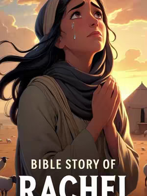 The cover image depicts a digitally illustrated scene from a biblical story. The focus is a woman, Rachel, with dark hair and wearing a head covering, with an expression of distress and prayer. She is looking skyward, with tears on her face and her hands clasped in prayer. The background features a sunset and soft lighting, suggestive of a desert landscape with tents and sheep. The text overlay reads "BIBLE STORY OF RACHEL".