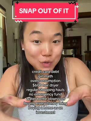 A woman with fair skin and dark hair is centered in the frame, a direct gaze fixed towards the camera. Above her, a red rectangular banner with rounded corners displays the text in white. Beneath her, a list of bullet points is displayed, also in white text, detailing common financial pitfalls. The background includes a blurry domestic setting.