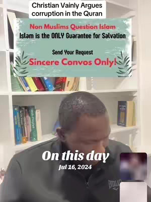 A man is shown from the chest up against a background of bookshelves and other items. Text overlays are present, detailing religious discussions. A small inset video shows a person on a computer.