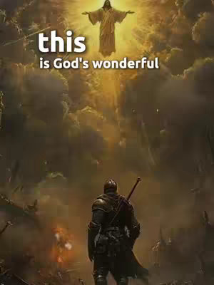 The image features a digital artwork depicting a celestial or spiritual scene. At the top, in the center, the figure of Jesus is depicted with arms outstretched, radiating a bright, golden light against a backdrop that suggests heavenly clouds. Below this, and slightly off-center to the bottom, a knight wearing dark armor stands with his back to the viewer, holding a sword, with a foreboding landscape of fire and ruins in the background. The image's overall tone is one of faith, struggle, and hope, with a color palette dominated by gold, dark tones, and hints of red.