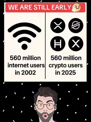The image on the left side shows a comparison of the year 2002 with the current time with the 560 million internet users. The right side shows the comparison of crypto users in 2025. The image has the face of a man with glasses in the bottom part with the open mouth.