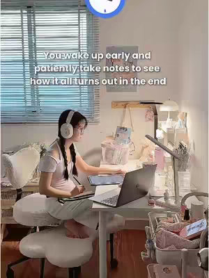 A well-lit, cozy room with a woman sitting at a desk, working on a laptop. She is wearing glasses and headphones. The room has blinds on the window and is filled with various items like a lamp, a desk organizer, a decorative piece hanging on the wall. Text overlay on top of the image.