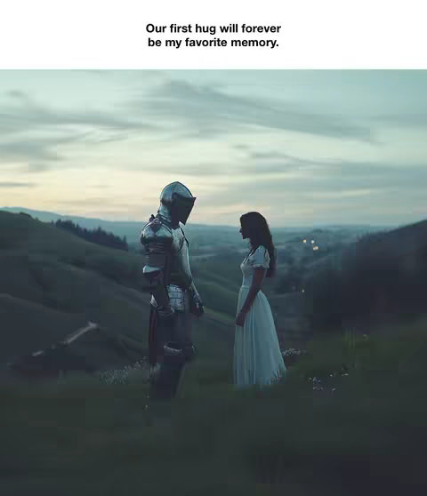 A romantic scene of a woman wearing a white dress standing in a field with a medieval armored knight. The background consists of rolling hills and a cloudy sky.