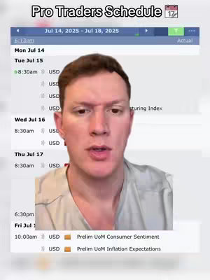 A man is centered in front of a screen displaying a schedule, with gray background and a white overlay displaying text. The man is talking directed to the camera. The top part of the screen contains the title 'Pro Traders Schedule'.
