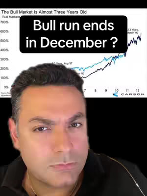 The cover image presents a man looking directly at the camera with slight concern. Above him is a black rectangle with white text: "Bull run ends in December?". Behind the rectangle is a financial graph. The background is black.