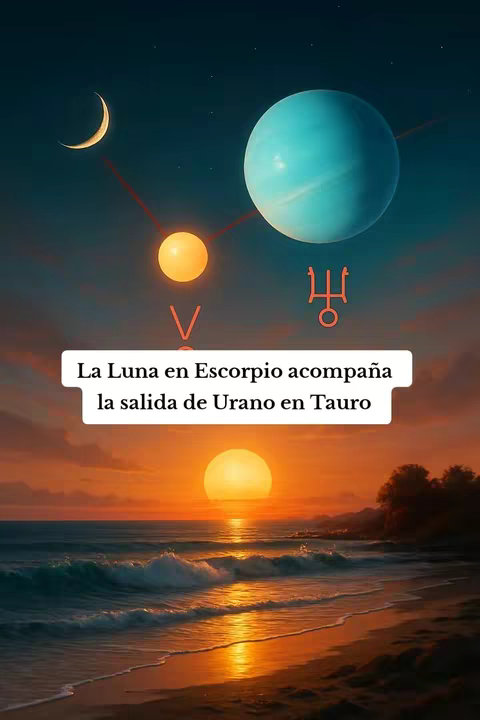 An image of a sunset over the ocean with a beach in the foreground. Above, there are celestial objects, with a crescent moon on the left and a large blue planet on the right. There is a text overlay.